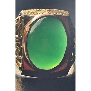 Vintage 1930's Pinchbeck Alloy Filigree Unisex Ring with Large Green Cabochon